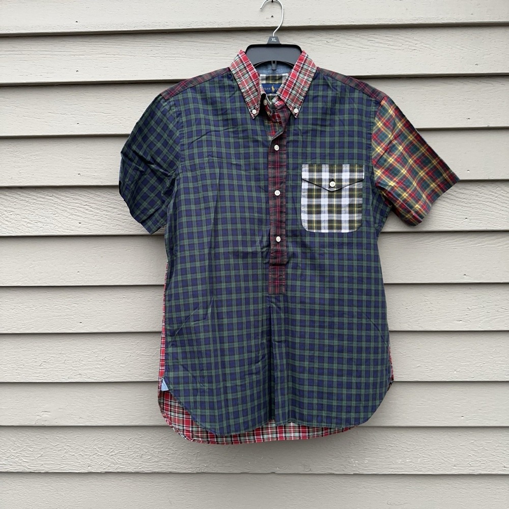 Polo Ralph Lauren Patchwork Plaid Shirt Mens Medium Henley Button Up Green - Picture 12 of 15